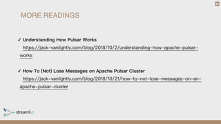 43
✓ Understanding How Pulsar Works 
https://jack-vanlightly.com/blog/2018/10/2/understanding-how-apache-pulsar-
works
✓ How To (Not) Lose Messages on Apache Pulsar Cluster 
https://jack-vanlightly.com/blog/2018/10/21/how-to-not-lose-messages-on-an-
apache-pulsar-cluster
MORE READINGS
 