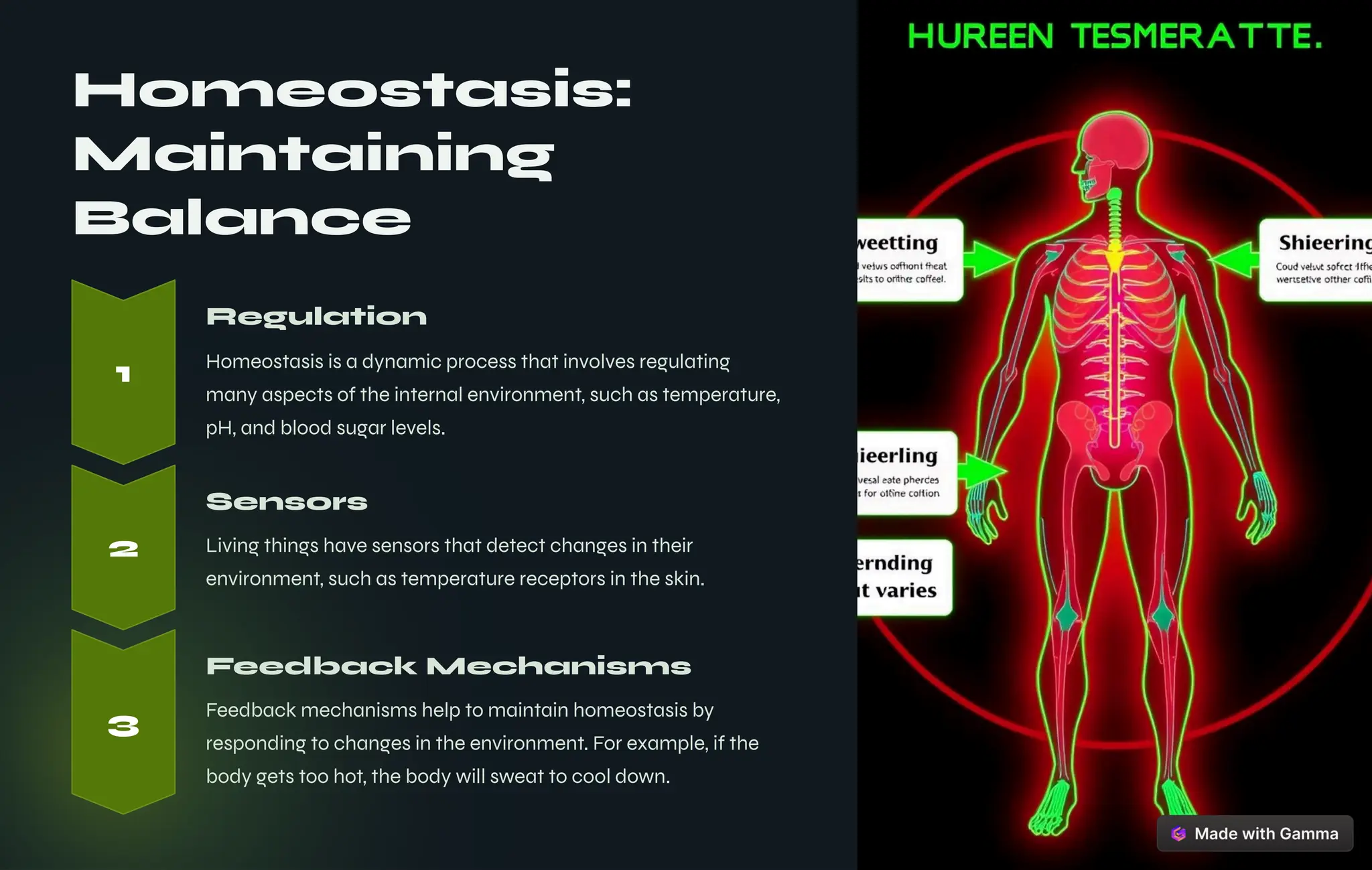 Homeostasis:
Maintaining
Balance
1
Regulation
Homeostasis is a dynamic process that involves regulating
many aspects of the internal environment, such as temperature,
pH, and blood sugar levels.
2
Sensors
Living things have sensors that detect changes in their
environment, such as temperature receptors in the skin.
3
Feedback Mechanisms
Feedback mechanisms help to maintain homeostasis by
responding to changes in the environment. For example, if the
body gets too hot, the body will sweat to cool down.
 