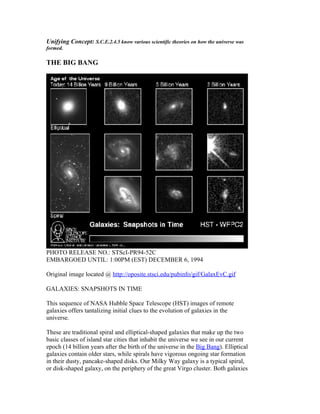 Unifying Concept: S.C.E.2.4.5 know various scientific theories on how the universe was
formed.

THE BIG BANG




PHOTO RELEASE NO.: STScI-PR94-52C
EMBARGOED UNTIL: 1:00PM (EST) DECEMBER 6, 1994

Original image located @ http://oposite.stsci.edu/pubinfo/gif/GalaxEvC.gif

GALAXIES: SNAPSHOTS IN TIME

This sequence of NASA Hubble Space Telescope (HST) images of remote
galaxies offers tantalizing initial clues to the evolution of galaxies in the
universe.

These are traditional spiral and elliptical-shaped galaxies that make up the two
basic classes of island star cities that inhabit the universe we see in our current
epoch (14 billion years after the birth of the universe in the Big Bang). Elliptical
galaxies contain older stars, while spirals have vigorous ongoing star formation
in their dusty, pancake-shaped disks. Our Milky Way galaxy is a typical spiral,
or disk-shaped galaxy, on the periphery of the great Virgo cluster. Both galaxies
 