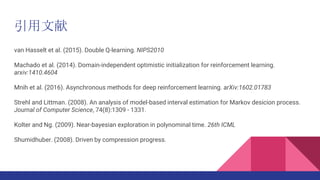 引用文献
van Hasselt et al. (2015). Double Q-learning. NIPS2010
Machado et al. (2014). Domain-independent optimistic initialization for reinforcement learning.
arxiv:1410.4604
Mnih et al. (2016). Asynchronous methods for deep reinforcement learning. arXiv:1602.01783
Strehl and Littman. (2008). An analysis of model-based interval estimation for Markov desicion process.
Journal of Computer Science, 74(8):1309 - 1331.
Kolter and Ng. (2009). Near-bayesian exploration in polynominal time. 26th ICML
Shumidhuber. (2008). Driven by compression progress.
 