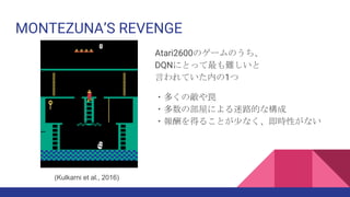 MONTEZUNA’S REVENGE
Atari2600のゲームのうち、
DQNにとって最も難しいと
言われていた内の1つ
・多くの敵や罠
・多数の部屋による迷路的な構成
・報酬を得ることが少なく、即時性がない
(Kulkarni et al., 2016)
 