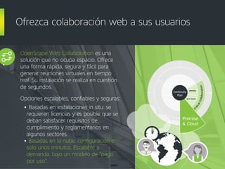 OpenScape Web Collaboration es una
solución que no ocupa espacio. Ofrece
una forma rápida, segura y fácil para
generar reuniones virtuales en tiempo
real. Su instalación se realiza en cuestión
de segundos.
Opciones escalables, confiables y seguras:
• Basadas en instalaciones in situ: se
requieren licencias y es posible que se
deban satisfacer requisitos de
cumplimiento y reglamentarios en
algunos sectores.
• Basadas en la nube: configuración en
solo unos minutos. Escalable a
demanda, bajo un modelo de "pago
por uso".
Ofrezca colaboración web a sus usuarios
Mission
C
riticalCollaboration
Rich Media
Premise
& Cloud
MobilityMobility
Premise
& Cloud
Continuity
Plan
 