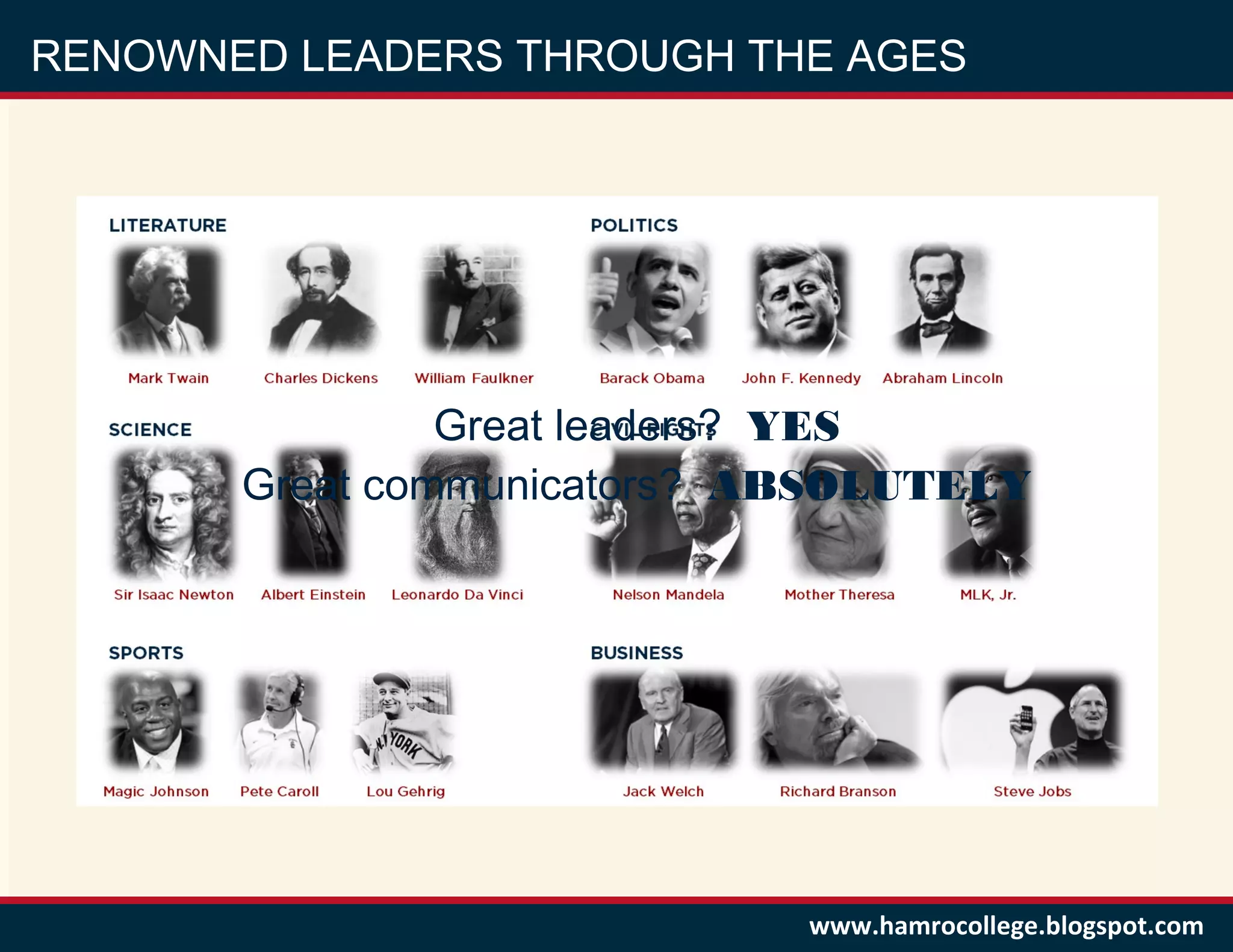 RENOWNED LEADERS THROUGH THE AGES




                Great leaders? YES
       Great communicators? ABSOLUTELY




                             www.hamrocollege.blogspot.com
 