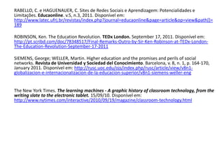 RABELLO, C. e HAGUENAUER, C. Sites de Redes Sociais e Aprendizagem: Potencialidades e
Limitações. Educaonline. v.5, n.3, 2011. Disponível em:
http://www.latec.ufrj.br/revistas/index.php?journal=educaonline&page=article&op=view&path[]=
189

ROBINSON, Ken. The Education Revolution. TEDx London. September 17, 2011. Disponível em:
http://pt.scribd.com/doc/78348517/Final-Remarks-Outro-by-Sir-Ken-Robinson-at-TEDx-London-
The-Education-Revolution-September-17-2011

SIEMENS, George; WELLER, Martin. Higher education and the promises and perils of social
networks. Revista de Universidad y Sociedad del Conocimiento. Barcelona, v. 8, n. 1, p. 164-170,
January 2011. Disponível em: http://rusc.uoc.edu/ojs/index.php/rusc/article/view/v8n1-
globalizacion-e-internacionalizacion-de-la-educacion-superior/v8n1-siemens-weller-eng


The New York Times. The learning machines - A graphic history of classroom technology, from the
writing slate to the electronic tablet. 15/09/10. Disponível em:
http://www.nytimes.com/interactive/2010/09/19/magazine/classroom-technology.html
 