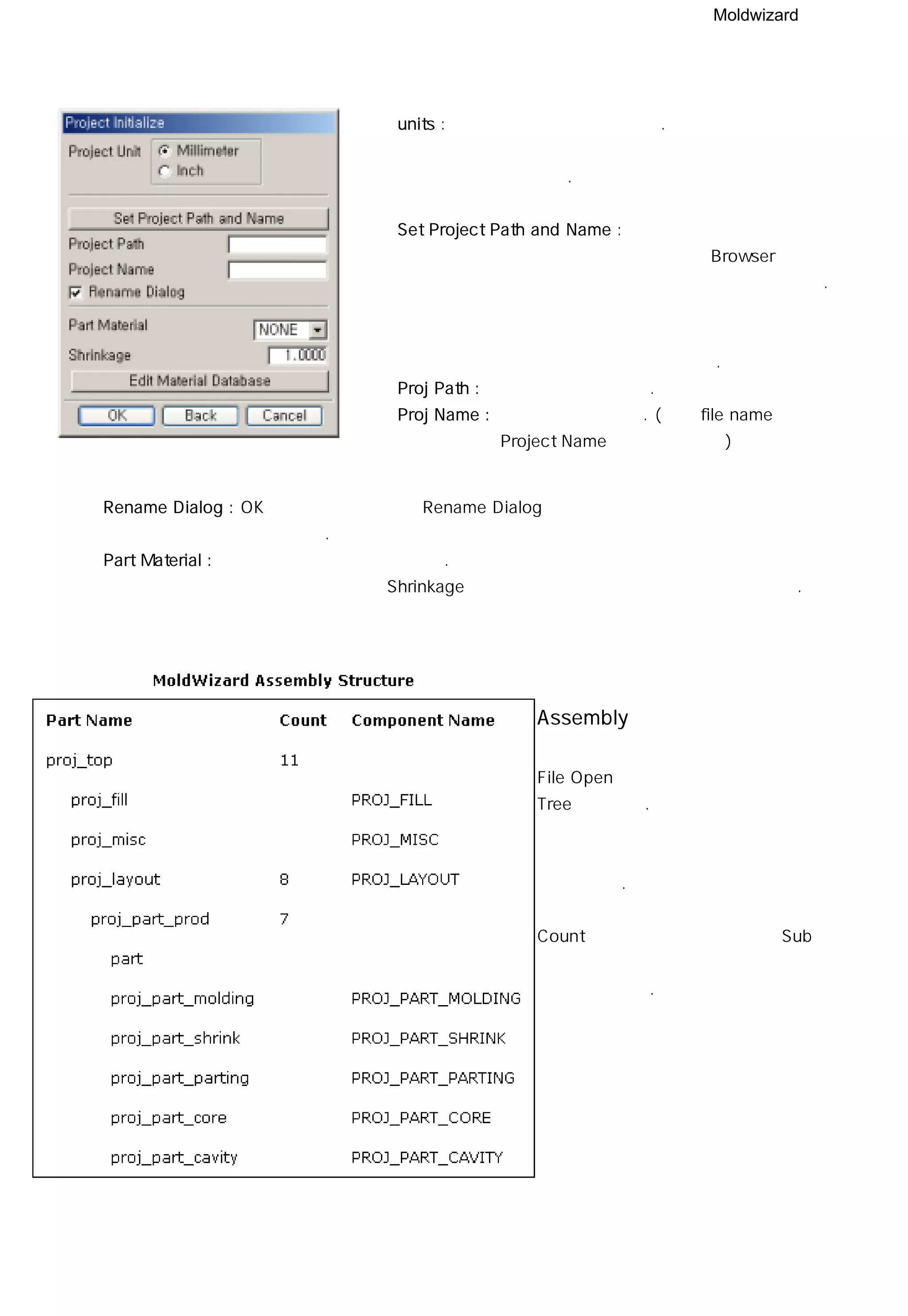 Moldwizard
◎ units : 기본 단위를 설정할 수 있다.
모델링 파일의 단위계에 따라 단위는 정해지며
변경할 수 있다.
◎ Set Project Path and Name : 작업경로 및 파일명을
정의할 때 Browser를
통해 직접 변경할 수 있다.
기본값은 현재 모델링
형상이 있는 곳의 경로와
파일명이다.
◎ Proj Path : 작업 경로를 나타낸다.
◎ Proj Name : 작업 명을 나타낸다. (실제 file name과
Project Name은 다를 수 있음)
◎ Rename Dialog : OK 버튼과 동시에 뜨는 Rename Dialog 생략하고 구버전 기본값으로 파일을
열 수 있다.
◎ Part Material : 제품의 수지를 선정할 수 있다.
선정이 완료되면 아래 Shrinkage에 자동으로 해당 수지의 수축율이 적용된다.
Assembly 기본구조
File Open시 생성되는 가장 기본적인
Tree 구조이다.
명칭 변경은 가능하지만 기본적인 구조의
불가능하다.
Count를 통해 현 개체를 포함한 Sub 개체의
수를 확인할 수 있고 각 개체의 이름을
확인할 수 있다.
 