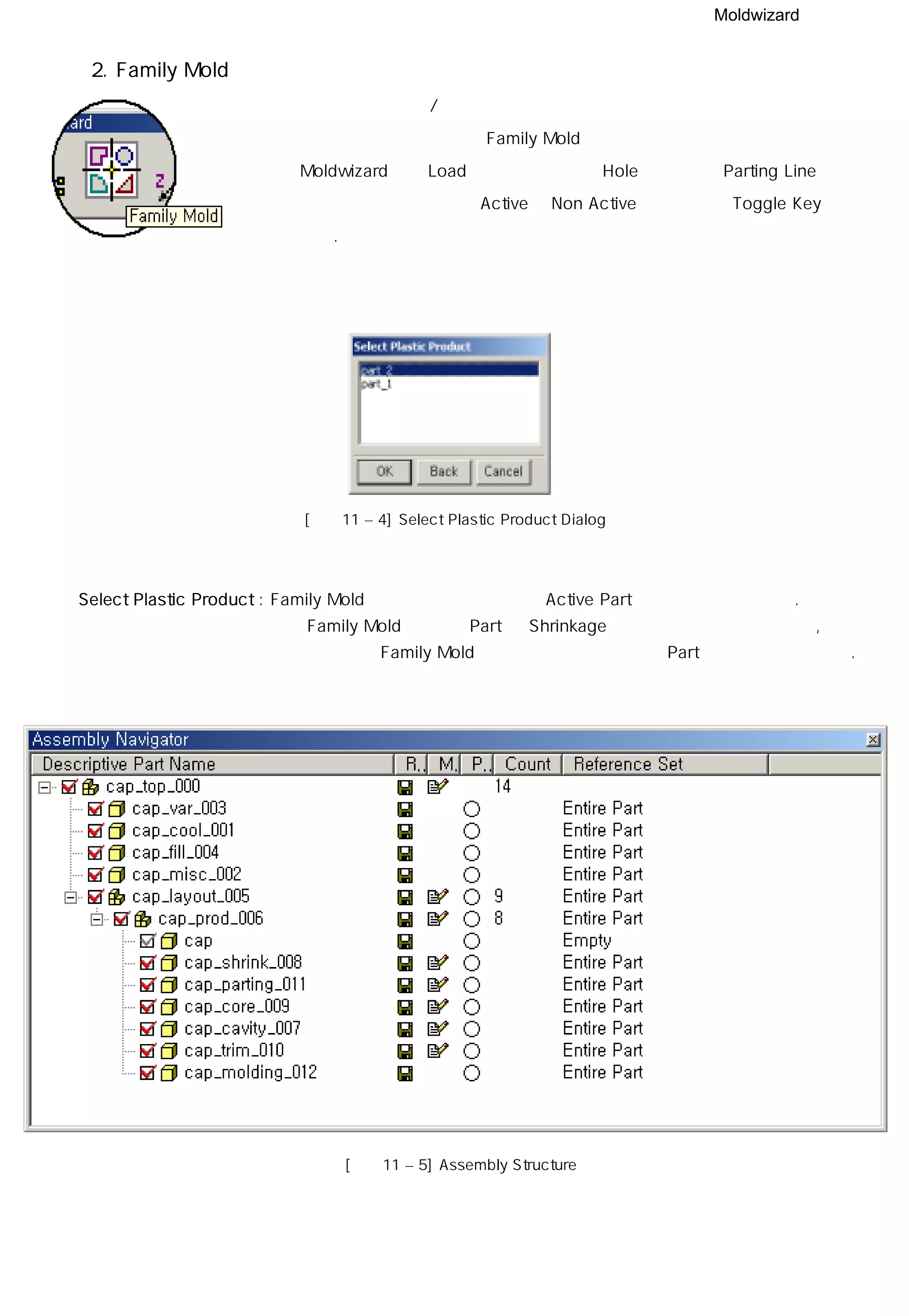 Moldwizard
2. Family Mold
휴대폰과 같은 제품이 상/하측 케이스나 형상이 다른 여러 개의 제품을
생산하는 금형을 가족금형 혹은 Family Mold라고 하며 이러한 두종류 이상의
제품이 Moldwizard내에 Load 되었을때 제품의 Hole 을 막거나 Parting Line의
생성시 개별작업이 가능하도록 Active와 Non Active를 바꿔주는 Toggle Key
기능을 한다.
[그림11 – 4] Select Plastic Product Dialog
◎ Select Plastic Product : Family Mold 기능은 위 그림과 같이 Active Part를 선택하여 사용한다.
예로 Family Mold 의 특정 Part 에 Shrinkage 기능의 값을 주려고 한다면,
값을 주기전에 Family Mold 기능을 사용하여 적용할 Part를 미리 선택해 준다.
[그림11 – 5] Assembly Structure
 