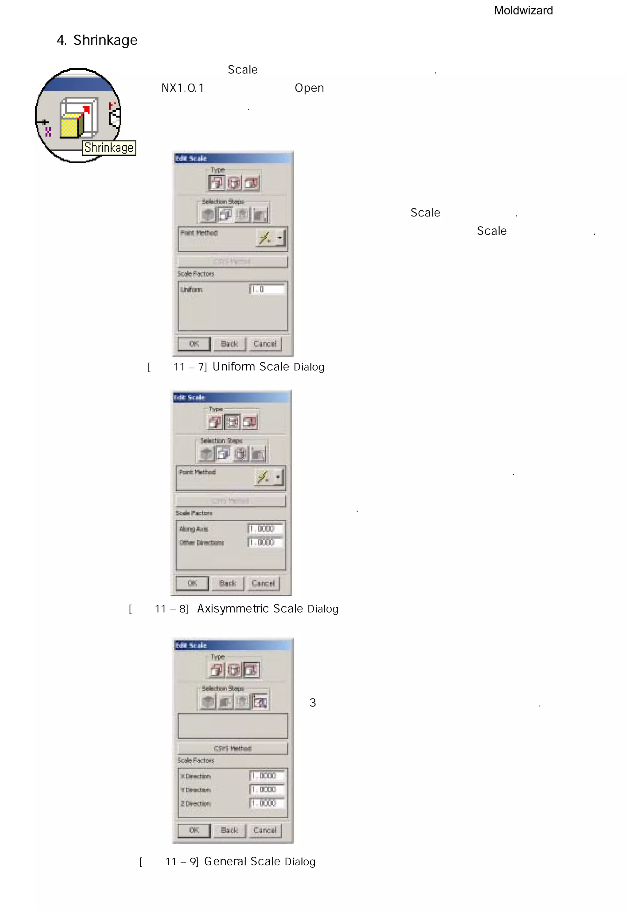 Moldwizard
4. Shrinkage
[그림11 – 7] Uniform Scale Dialog
제품 모델에 Scale 을 적용 시켜 수축률을 주는 기능.
NX1.0.1버전에서 제품을 Open할 때 수축율을 적용하기 때문에 필요성이
상실된 기능이다.
기준점을 중심으로 Scale을 적용시킨다.
기준점에서 각 방향으로 동일한 Scale이 적용되어진다.
기준이 되는 축과 적용점을 이용하여 한 방향과
나머지 방향에 대해 수축율을 적용한다.
실린더 형상과 같은 형상에 대해 수축율을 적용하기에
용의하다.
[그림11 – 8] Axisymmetric Scale Dialog
3방향에 각기 다른 수축율을 적용할 수 있다.
[그림11 – 9] General Scale Dialog
 