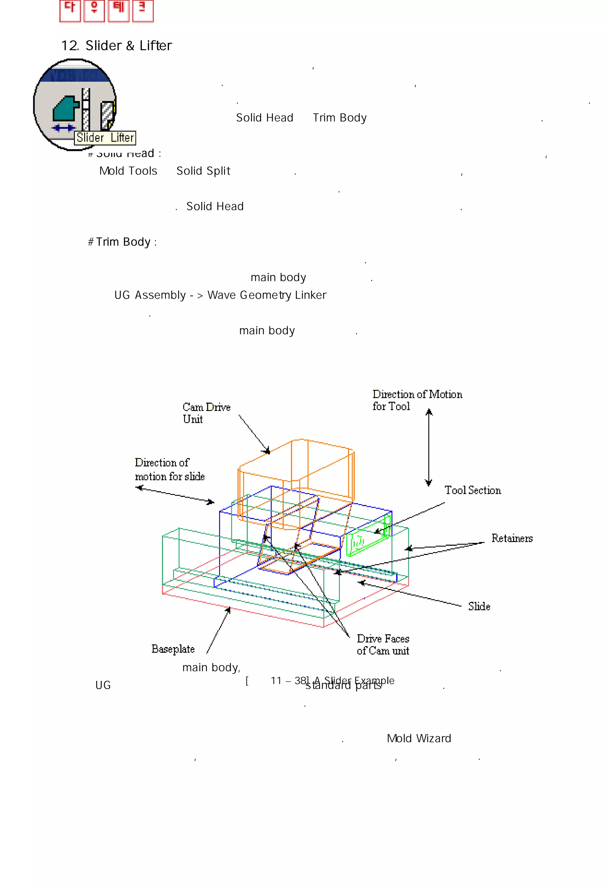 12. Slider & Lifter
제품 형상에 언더 컷이 있을 경우, 필요한 슬라이더 와 리프터를 쉽게 설계하고 적용할
수 있도록 한다. 슬라이더는 구조적인 관점에서 볼 때, 대개 머리부분과 몸체부분으로
나누어 볼 수 있다. 머리 부분은 제품의 형상에 결정되고 몸체부분은 설계자가 결정한다.
일단 머리 부분은 Solid Head 와 Trim Body 의 두 가지 방법으로 만들 수 있다.
#Solid Head : 슬라이드 코어나 경사 코어의 머리 부분을 솔리드 방식을 사용하는 방법은 ,
Mold Tools 의 Solid Split 를 사용한다. 몸체와 머리 부분을 만들었다면, 머리부분을
몸체 부분에 링크 시켜 하나의 몸체로 만들어라. 새로운 요소를 만들어 머리 부분을 링크
시킬 수도 있다. Solid Head 방법은 슬라이드 코어 설계시 자주 쓰인다.
#Trim Body :
① 몰드 베이스에 슬라이더 와 리프터를 추가 시킨다.
② 작업 영역에서 슬라이더의 main body 를 설정한다.
③ UG Assembly -> Wave Geometry Linker 를 선택하여 최근 작업 영역에서 파팅면을 링크
시킨다.
④ 파팅면으로 슬라이더 의 main body를 트림한다.
슬라이더는 보통 main body, 가이드 처럼 여러 개의 구성 요소로 이루어져 있다. 구성 요소는
UG 어셈블리 함수로 정의 되어져 있으며 standard parts에 놓여진다.
슬라이더의 크기는 치수에 의해 조정된다.
금형 설계에서 슬라이더 구조는 여러 가지가 있다. 하지만 Mold Wizard는 가장 전형적인 설계
구조만을 제공 할뿐 , 설계자가 직접 자신만의 구조를 추가 , 수정 해야 한다.
[그림11 – 38] A Slider Example
 
