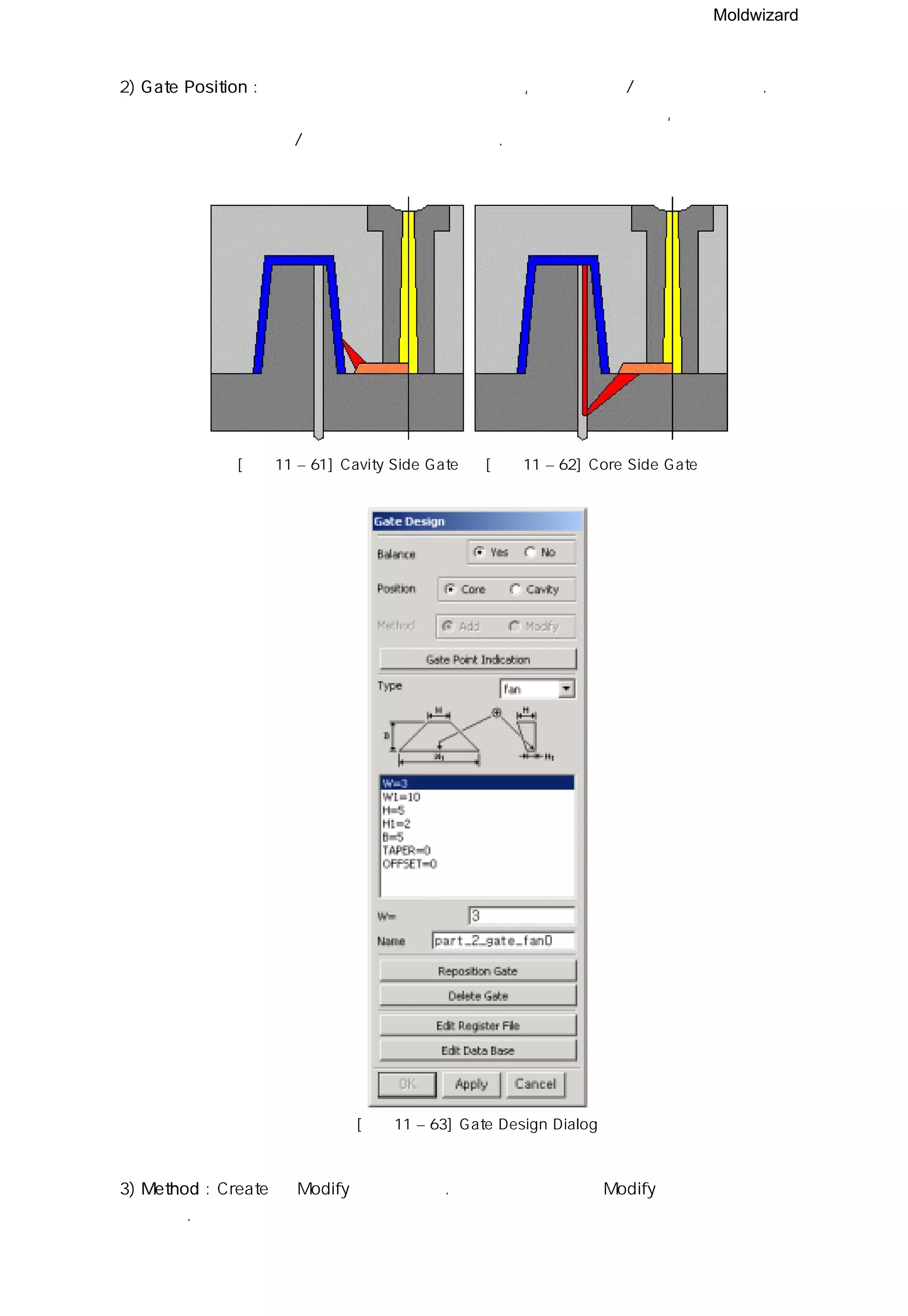 Moldwizard
2) Gate Position : 게이트는 게이트 타입에 따라 상측,하측 또는 상/하측에 설치 된다.
예로 서브 게이트 또는 팬 게이트는 항상 상측 또는 하측에 위치하지만 , 라운드 게이트는
파팅면을 중심으로 상/하측에 동일하게 위치한다.
[그림11 – 61] Cavity Side Gate [그림11 – 62] Core Side Gate
[그림11 – 63] Gate Design Dialog
3) Method : Create 와 Modify 기능이 있다. 게이트를 선택하면 Modify 기능으로 설정되어 수정이
가능하다.
 