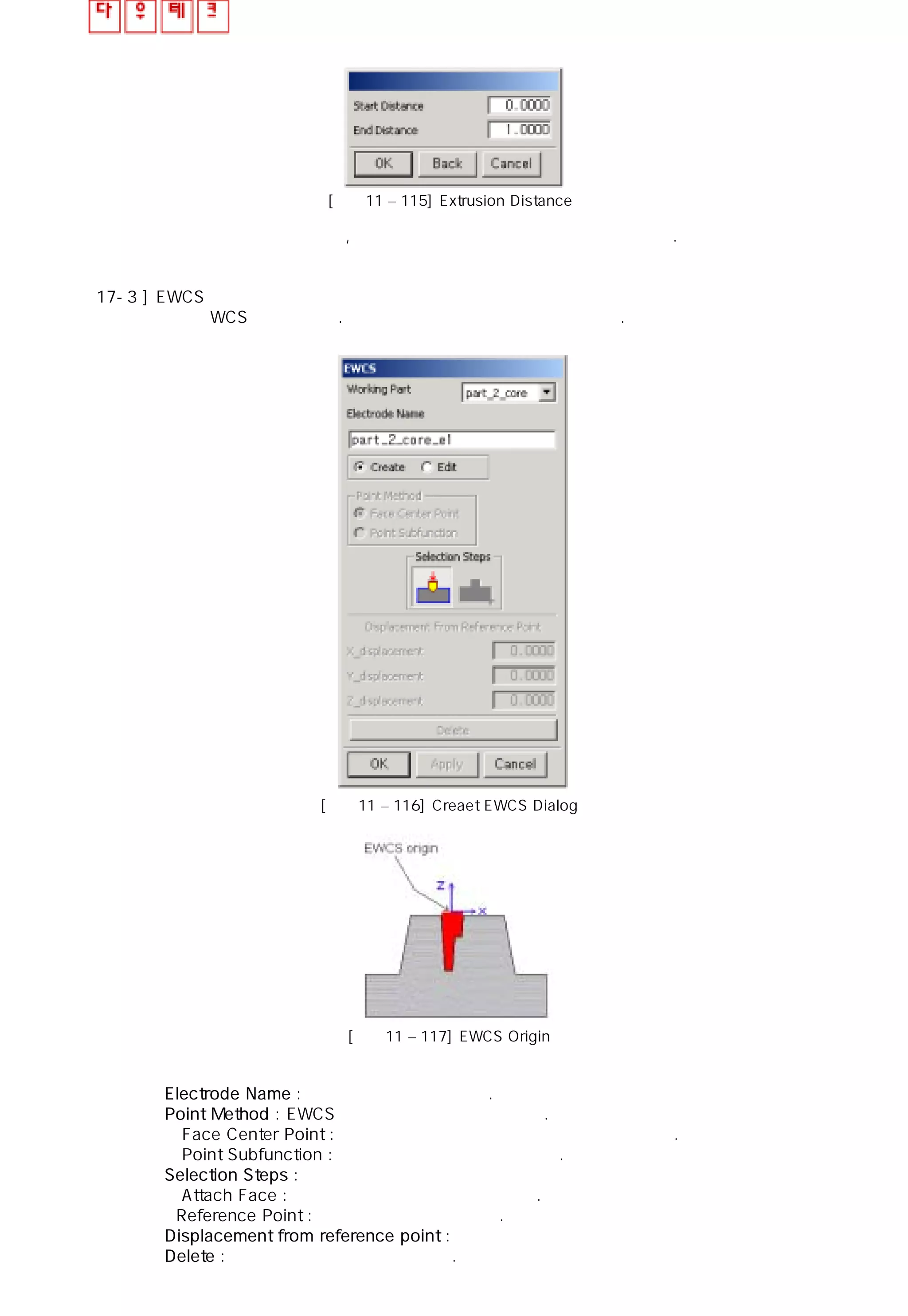 [그림11 – 115] Extrusion Distance
모서리 선택을 마쳤으면, 시작 거리와 끝 거리를 지정하여 연장한다.
17-3 ] EWCS
전극의 WCS를 지정한다. 전극을 가공하기 위해서는 필요하다.
[그림11 – 116] Creaet EWCS Dialog
[그림11 – 117] EWCS Origin
◎ Electrode Name : 전극의 이름을 나타낸다.
◎ Point Method : EWCS 의 참조 포인트를 생성한다.
ㆍ Face Center Point : 선택한 면의 중심을 참조 포인트로 지정한다.
ㆍ Point Subfunction : 직접 참조 포인트를 지정한다.
◎ Selection Steps : 선택 순서 단계
ㆍ Attach Face : 머리 부분이 접할 면을 선택한다.
ㆍReference Point : 참조 포인트를 선택한다.
◎ Displacement from reference point :
◎ Delete : 선택한 전극 치수를 삭제한다.
 
