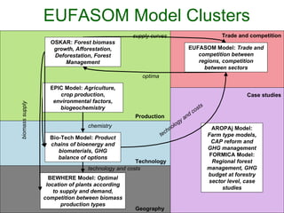 EUFASOM Model Clusters AROPAj Model:  Farm type models, CAP reform and GHG management FORMICA Model:  Regional forest management, GHG budget at forestry sector level, case studies Bio-Tech Model:  Product chains of bioenergy and biomaterials, GHG balance of options EPIC Model:  Agriculture, crop production, environmental factors, biogeochemistry supply curves OSKAR:  Forest biomass growth, Afforestation, Deforestation, Forest Management EUFASOM Model:  Trade and competition between regions, competition between sectors optima biomass supply chemistry technology and costs BEWHERE Model:  Optimal location of plants according to supply and demand, competition between biomass production types Geography Case studies Technology Production technology and costs Trade and competition 