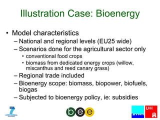 Illustration Case: Bioenergy Model characteristics National and regional levels (EU25 wide) Scenarios done for the agricultural sector only  conventional food crops biomass from dedicated energy crops (willow, miscanthus and reed canary grass) Regional trade included Bioenergy scope: biomass, biopower, biofuels, biogas Subjected to bioenergy policy, ie: subsidies 
