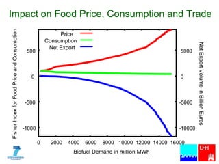 Impact on Food Price, Consumption and Trade Net Export Volume in Billion Euros -1000 -500 0 500 0 2000 4000 6000 8000 10000 12000 14000 16000 -10000 -5000 0 5000 Fisher Index for Food Price and Consumption Biofuel Demand in million MWh Price Consumption Net   Export 
