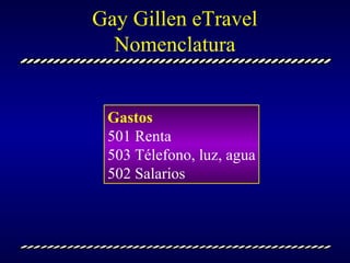 Gay Gillen eTravel Nomenclatura Gastos 501 Renta  503 Télefono, luz, agua 502 Salarios 