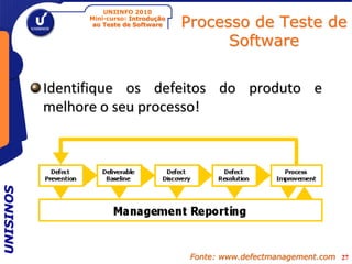 UNIINFO 2010
                Mini-curso: Introdução
                 ao Teste de Software    Processo de Teste de
                                               Software

           Identifique os defeitos do produto e
           melhore o seu processo!
UNISINOS




                                          Fonte: www.defectmanagement.com 27
 