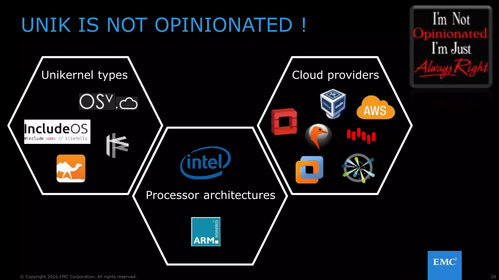 28© Copyright 2016 EMC Corporation. All rights reserved.
UNIK IS NOT OPINIONATED !
Unikernel types Cloud providers
Processor architectures
 