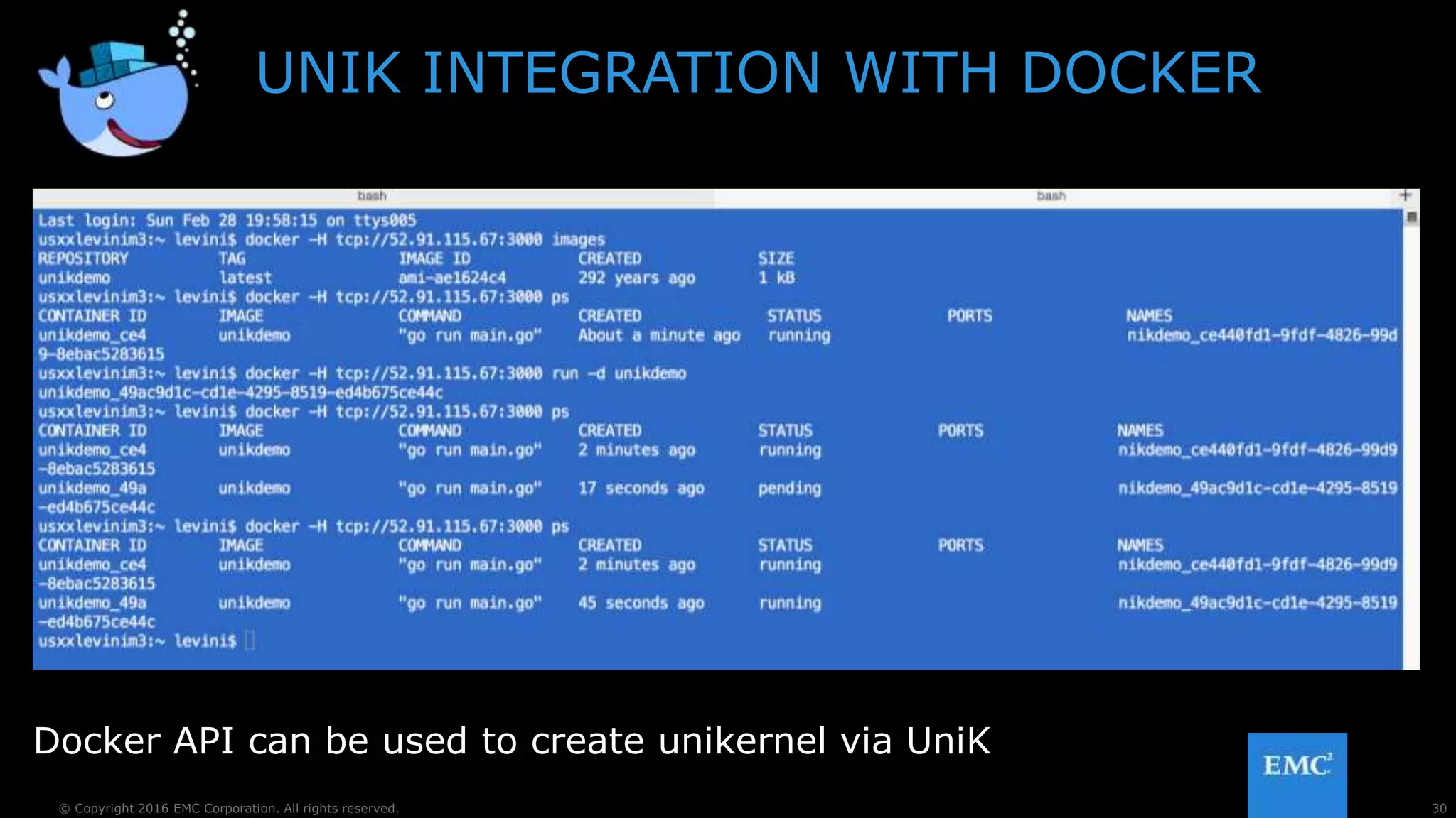 30© Copyright 2016 EMC Corporation. All rights reserved.
UNIK INTEGRATION WITH DOCKER
Docker API can be used to create unikernel via UniK
 