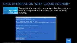 31© Copyright 2016 EMC Corporation. All rights reserved.
UNIK INTEGRATION WITH CLOUD FOUNDRY
To provide the user with a seamless PaaS experience,
UniK is integrated as a backend to Cloud Foundry
runtime.
 