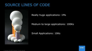 7© Copyright 2016 EMC Corporation. All rights reserved.
SOURCE LINES OF CODE
Small Applications: 10Ks
Medium to large applications: 100Ks
Really huge applications: 1Ms
 