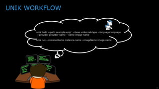 31
is an open-source
tool written in Go for compiling
applications into unikernels and
deploying those unikernels across a
variety of cloud providers,
embedded devices (IoT), as well as
a developer laptop or workstation.
 