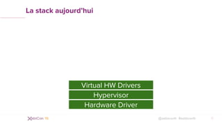 @xebiconfr #xebiconfr
La stack aujourd’hui
8
Virtual HW Drivers
Hypervisor
Hardware Driver
 