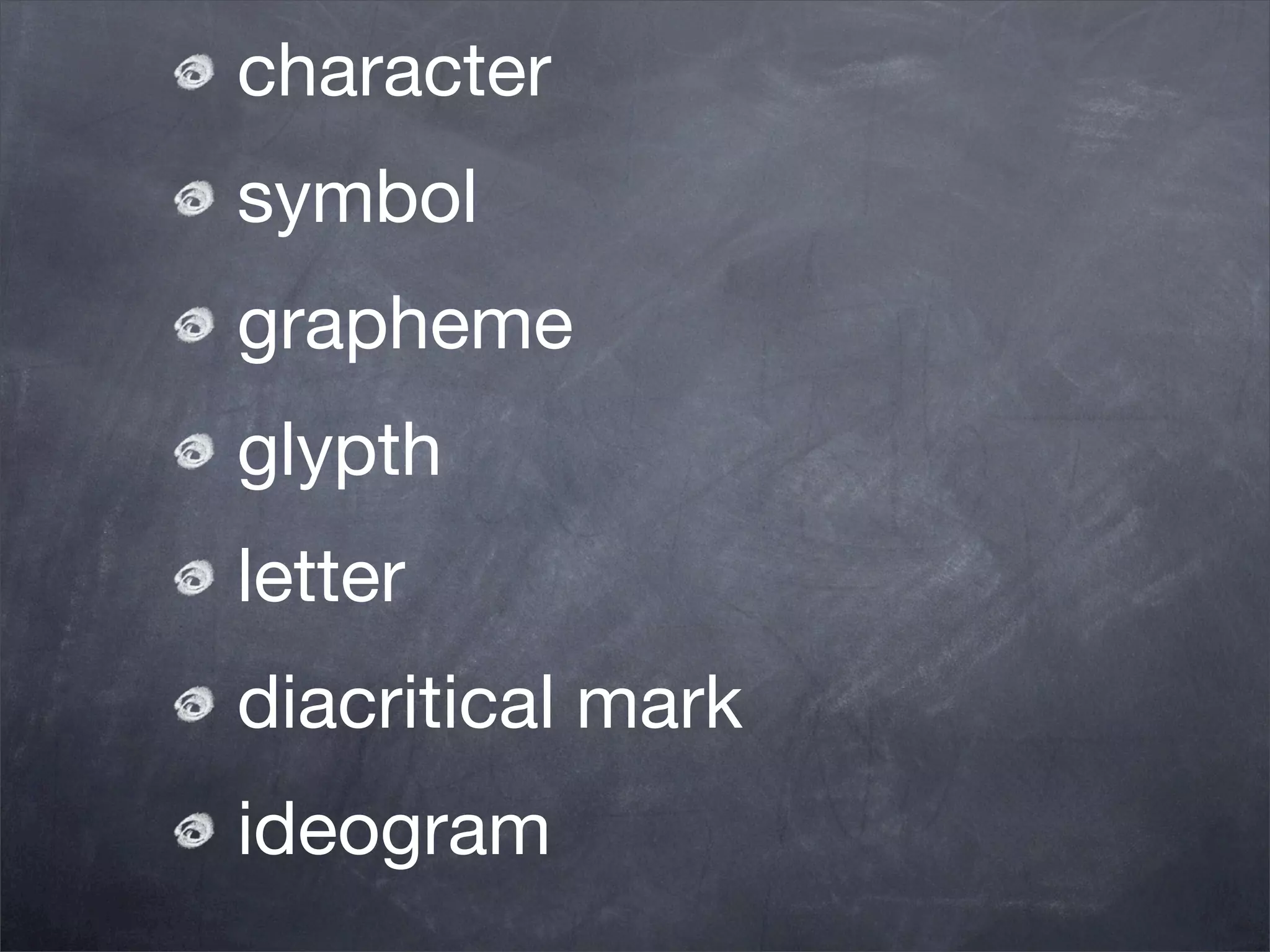 character
symbol
grapheme
glypth
letter
diacritical mark
ideogram
 