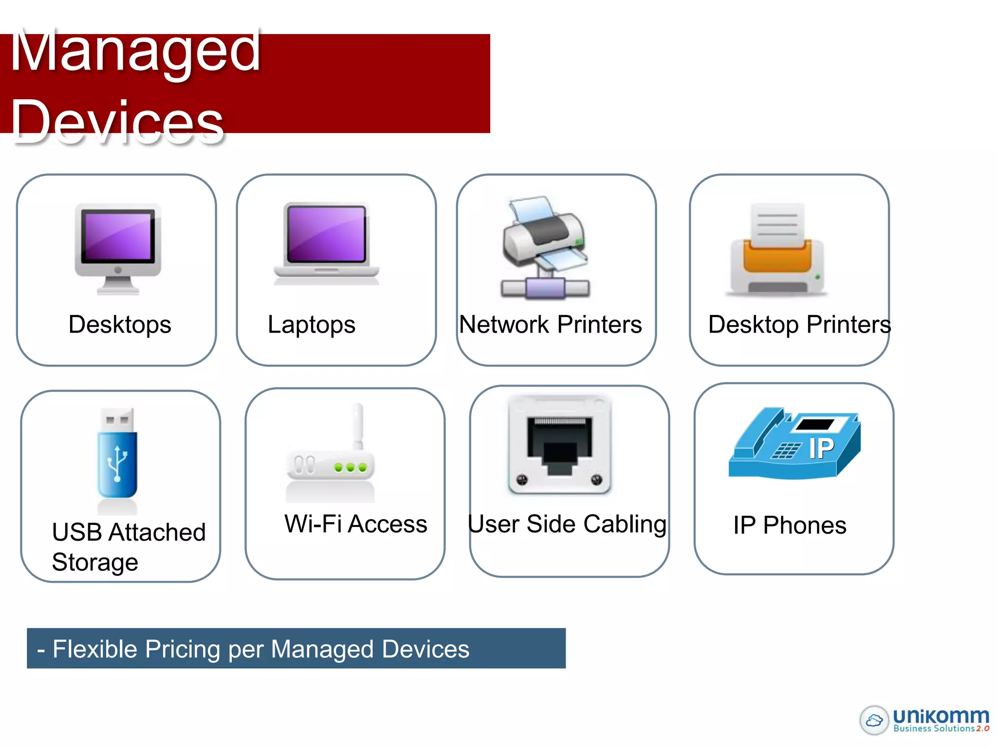 Managed
Devices


  Desktops          Laptops          Network Printers    Desktop Printers




 USB Attached        Wi-Fi Access    User Side Cabling     IP Phones
 Storage


- Flexible Pricing per Managed Devices
 