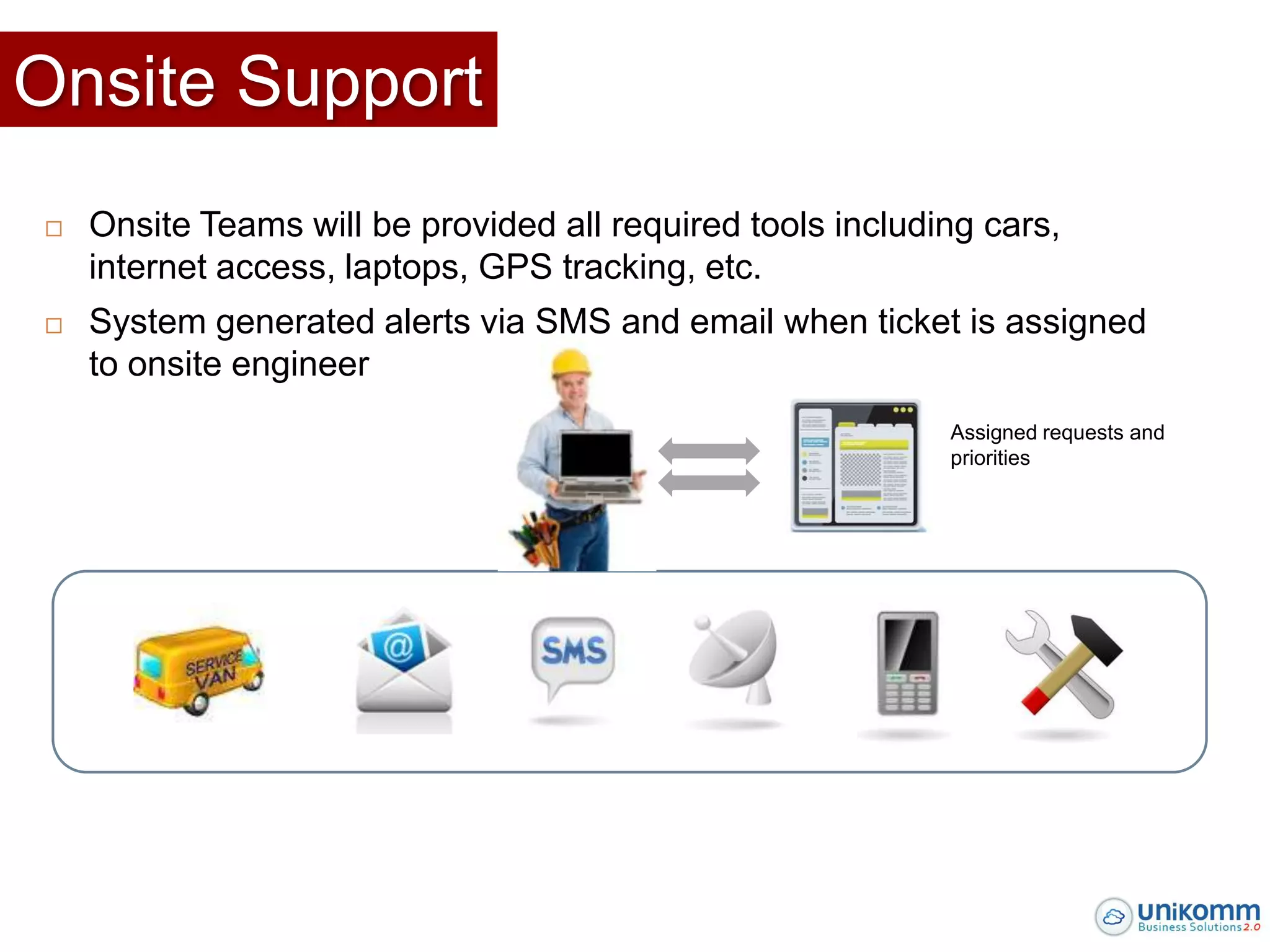 Onsite Support
   Onsite Teams will be provided all required tools including cars,
    internet access, laptops, GPS tracking, etc.
   System generated alerts via SMS and email when ticket is assigned
    to onsite engineer
                                                            Assigned requests and
                                                            priorities
 