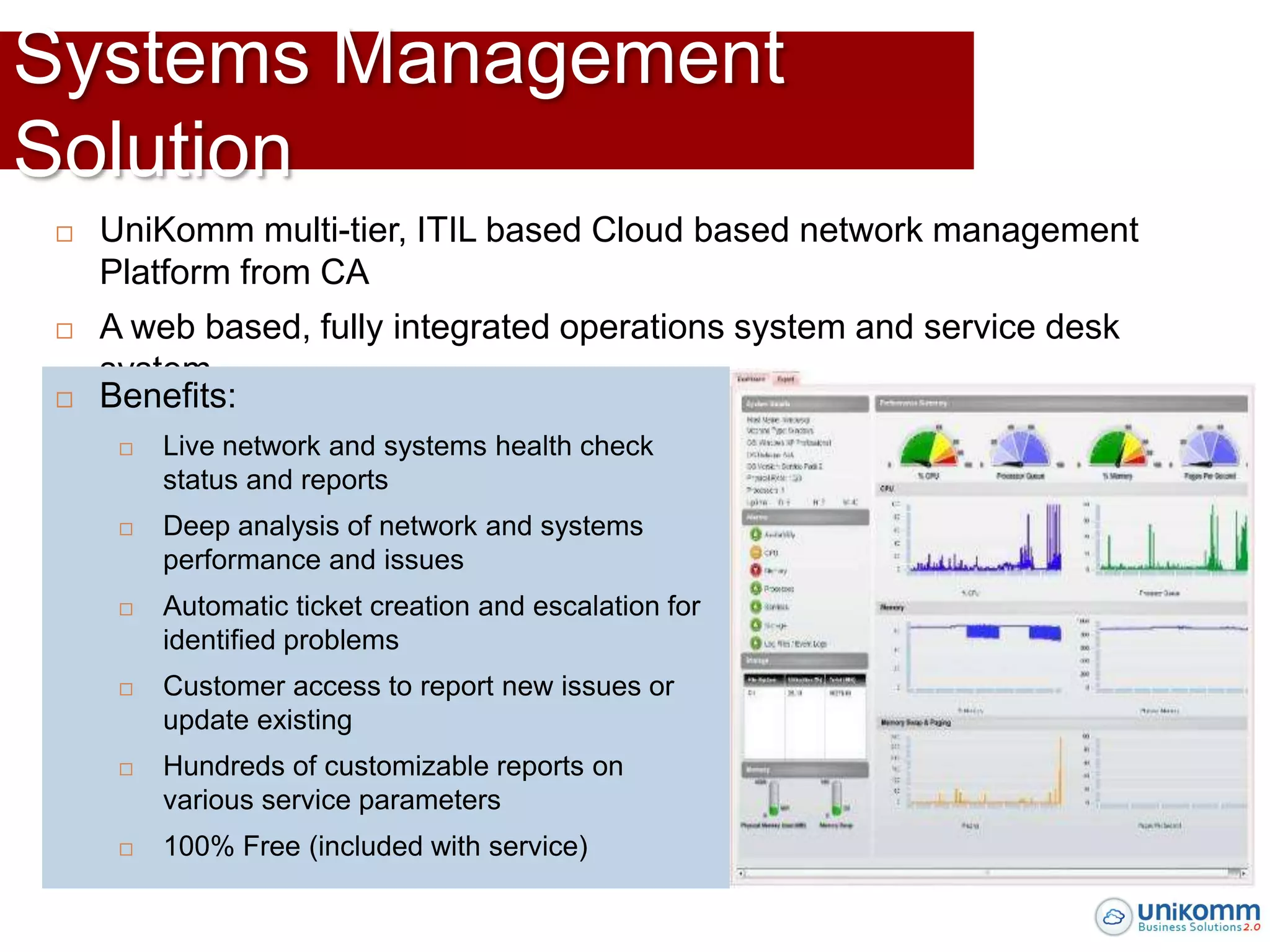 Systems Management
Solution
   UniKomm multi-tier, ITIL based Cloud based network management
    Platform from CA
   A web based, fully integrated operations system and service desk
    system.
   Benefits:
        Live network and systems health check
         status and reports
        Deep analysis of network and systems
         performance and issues
        Automatic ticket creation and escalation for
         identified problems
        Customer access to report new issues or
         update existing
        Hundreds of customizable reports on
         various service parameters
        100% Free (included with service)
 