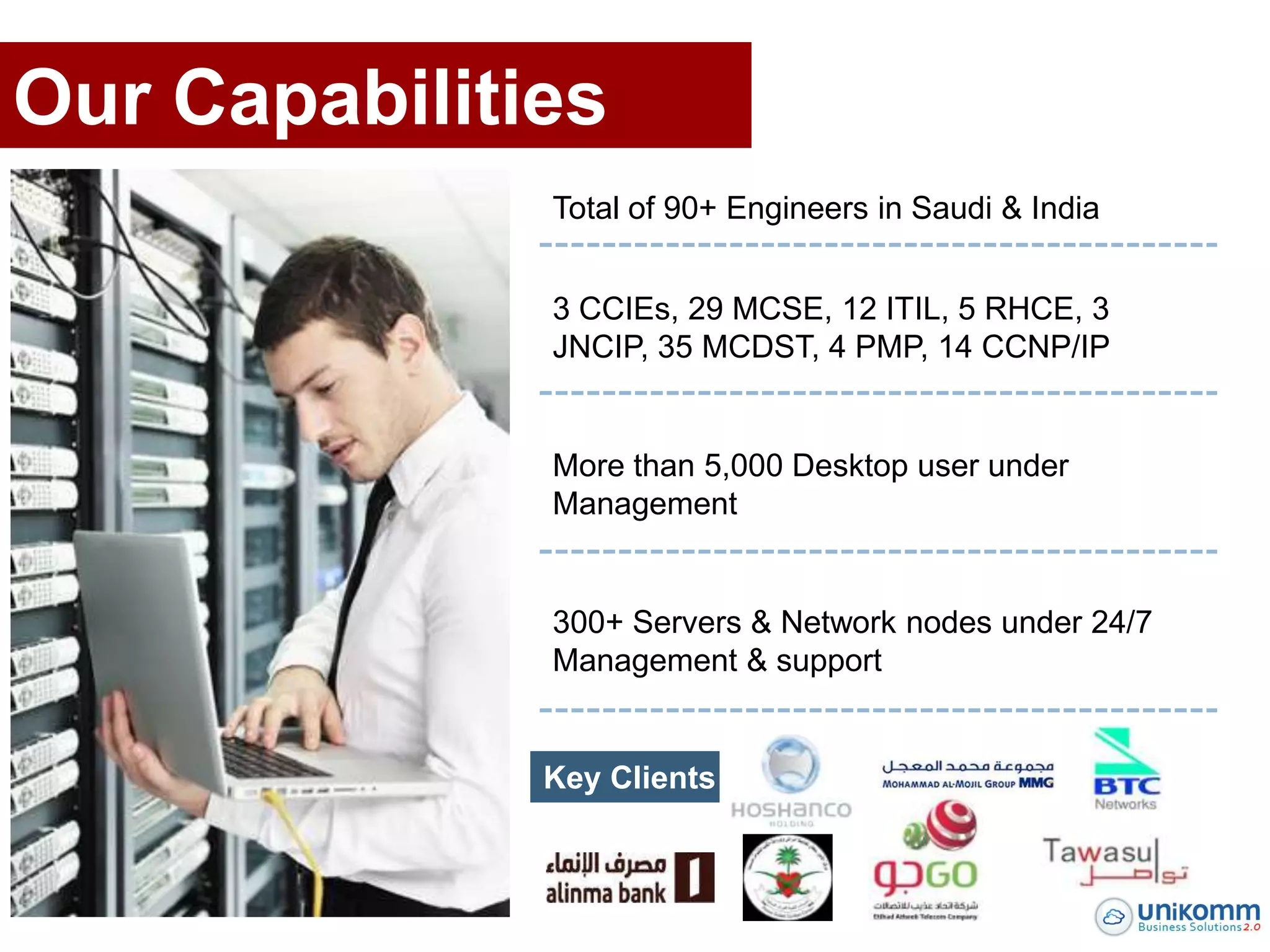 Our Capabilities
              Total of 90+ Engineers in Saudi & India


              3 CCIEs, 29 MCSE, 12 ITIL, 5 RHCE, 3
              JNCIP, 35 MCDST, 4 PMP, 14 CCNP/IP


              More than 5,000 Desktop user under
              Management


              300+ Servers & Network nodes under 24/7
              Management & support


              Key Clients
 