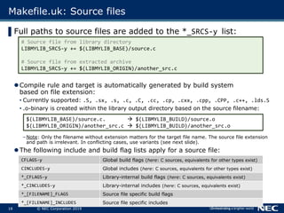 19 © NEC Corporation 2019
Makefile.uk: Source File Variants
▌Variants exist because of two reasons:
Conflicting output fi...
