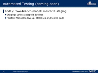29 © NEC Corporation 2019
Automated Testing (coming soon)
▌Today: Two-branch model: master & staging
Staging: Latest acce...