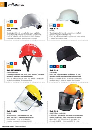 Seguretat i EPIs / Seguridad y EPIs
52
Ref. S01ER
EN397
Casc de polietilè amb arnés plàstic i rosca regulable.
Compatible amb orelleres, viseres i altres complements	
Casco de polietileno con arnés plástico y rosca regulable.
Compatible con orejeras, viseras y otros accesorios
Ref. MONTANA
EN397 / EN50365
Casc de policarbonat amb visera, visor abatible i barballera,
ventilació i possibilitat d’acoblar orelleres
Casco de policarbonato con visera, visor abatible y barboquejo,
ventilación y posibilidad de acoplar orejeras
Ref. 79300
EN166
Protector facial i frontal amb ocular clar,
arnés amb rosca y perímetre de protecció
Protector facial y frontal con ocular claro,
arnés con rosca y perímetro de protección
Ref. S25
EN397 / EN1731 / EN352
Casc S09EF molt lleuger amb arnés, auriculars amb
atenuació de 25db i visera forestal S59 de metall
Casco S09EF muy ligero con arnés, auriculares con
atenuación de 25db y visera forestal S59 de metal
Ref. S28
EN812 / A1
Gorra amb casquet de ABS, recobriment de cotó,
ventilació lateral i espumes laterals desmontables
Gorra con casquete de ABS, recubrimiento de algodón,
ventilación lateral y espumas laterales desmontables
Ref. CT2
EN397
Casc de policarbonat amb protecció termo-aïllant
i sistema d’ajustament amb rodeta
Casco de policarbonato relleno de protección termo-aislante
y sistema de ajuste por ruleta
17
0817
17
 