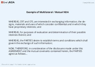 Example of Multilateral / Mutual NDA
WHEREAS, CRT and OTL are interested in exchanging information, the de-
signs, materials and uses of which consider conﬁdential and in which they
have proprietary interests; and
WHEREAS, for purposes of evaluation and determination of their possible
interests therein; and
WHEREAS, the PARTIES desire to establish terms and conditions which shall
govern the exchange of such information;
NOW, THEREFORE, in consideration of the disclosures made under this
AGREEMENT and the mutual covenants contained herein, the PARTIES
agree as follows…
 