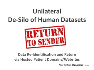 Unilateral
De-Silo of Human Datasets
Data Re-Identification and Return
via Hosted Patient Domains/Websites
Alice Rathjen @dnatimes 10/2016
 
