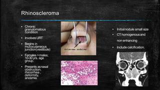Rhinoscleroma
▪ Chronic
granulomatous
condition
▪ InvolvesURT
▪ Begins in
mucocutaneous
junction(vestibule)
▪ Females >males;
10-30yrs. age
group.
▪ Presents asnasal
obstruction,
rhinorrhea ,
deformity,
anosmia.
• Initialnodule small size
• CT:homogenousand
non enhancing
• Include calcification.
 
