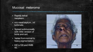 Mucosal melanoma
▪ Rapidly lethal
neoplasm.
▪ m/c nasalseptum , inf
turbinate.
▪ Spreadsubmucosally
with little erosion of
bone andcart.
▪ Varies fromnormal to
heavy pigmentation.
▪ IHCs-100 and HMB
45.
 