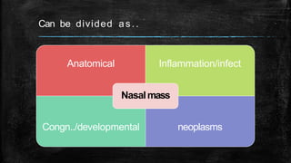 Can be divided as..
Anatomical Inflammation/infect
Congn../developmental neoplasms
Nasalmass
 