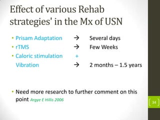 Effect of various Rehab
strategies' in the Mx of USN
• Prisam Adaptation
• rTMS
• Caloric stimulation
Vibration



+


Several days
Few Weeks
2 months – 1.5 years

• Need more research to further comment on this
point Argye E Hillis 2006

34

 