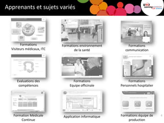 Apprenants et sujets variés
4
Formations environnement
de la santé
Formations
communication
Application informatiqueFormation Médicale
Continue
Formations équipe de
production
Formations
Visiteurs médicaux, ITC
Evaluations des
compétences
Formations
Equipe officinale
Formations
Personnels hospitalier
 