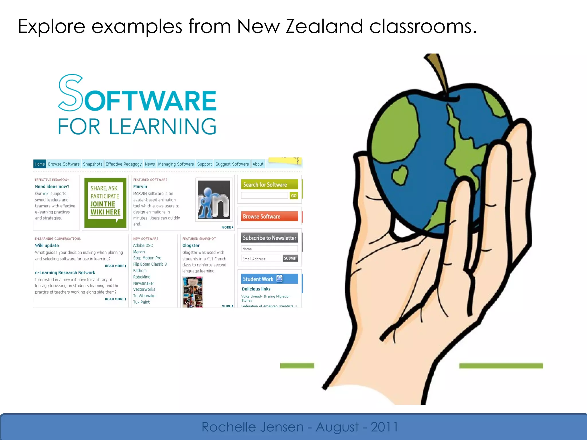 Explore examples from New Zealand classrooms. Rochelle Jensen - August - 2011 