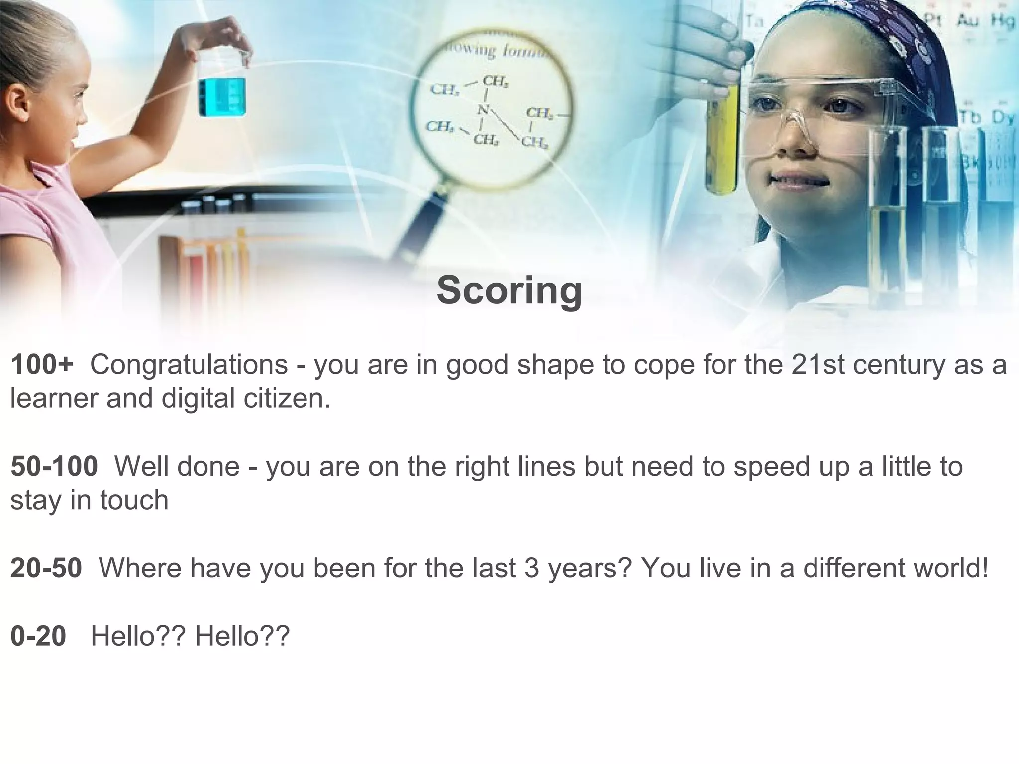 Scoring 100+  Congratulations - you are in good shape to cope for the 21st century as a learner and digital citizen. 50-100  Well done - you are on the right lines but need to speed up a little to stay in touch 20-50   Where have you been for the last 3 years? You live in a different world! 0-20   Hello?? Hello?? 