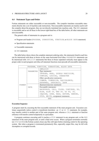 4 PROGRAM STRUCTURE AND LAYOUT 28 
4.4 Statement Types and Order 
Fortran statements are either executable or non-executable. The compiler translates executable state-ments 
directly into a set of machine code instructions. Non-executable statements are mainly used to tell 
the compiler about the program; they are not directly translated into machine code. The END statement 
is executable and so are all those in the lowest right-hand box of the table below; all other statements are 
non-executable. 
The general order of statements in a program unit is: 
• Program unit header (PROGRAM, SUBROUTINE, FUNCTION, or BLOCK DATA statement) 
• Specification statements 
• Executable statements 
• END statement. 
The table below shows shows the complete statement ordering rules: the statements listed in each box 
can be intermixed with those in boxes on the same horizontal level (thus PARAMETER statements can 
be intermixed with IMPLICIT statements) but those in boxes separated vertically must appear in the 
proper order in each program unit (thus all statement functions must precede all executable statements). 
PROGRAM, FUNCTION, SUBROUTINE, BLOCK DATA 
IMPLICIT 
PARAMETER Type statements: 
INTEGER, REAL, DOUBLE PRECISION, 
COMPLEX, LOGICAL, CHARACTER 
Other specification statements: 
COMMON, DIMENSION, EQUIVALENCE, 
EXTERNAL, INTRINSIC, SAVE 
FORMAT Statement function statements 
DATA Executable statements: 
BACKSPACE, CALL, CLOSE, CONTINUE, DO, 
ELSE, ELSE IF, END IF, GO TO, IF, 
INQUIRE, OPEN, READ, RETURN, REWIND, 
STOP, WRITE, assignment statements. 
END 
Execution Sequence 
A program starts by executing the first executable statement of the main program unit. Execution con-tinues 
sequentially unless control is transferred elsewhere: an IF or GO TO statement, for example, 
may transfer control to another part of the same program unit, whereas a CALL statement or function 
reference will transfer control temporarily to a procedure. 
A program continues executing until it reaches a STOP statement in any program unit, or the END 
statement of the main program unit, or until a fatal error occurs. When a program terminates normally 
(at STOP or END) the Fortran system closes any files still open before returning control to the operating 
system. But when a program is terminated prematurely files, especially output files, may be left with 
incomplete or corrupted records. 
 