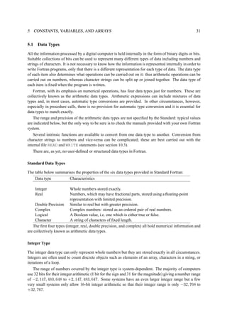 5 CONSTANTS, VARIABLES, AND ARRAYS 31 
5.1 Data Types 
All the information processed by a digital computer is held internally in the form of binary digits or bits. 
Suitable collections of bits can be used to represent many different types of data including numbers and 
strings of characters. It is not necessary to know how the information is represented internally in order to 
write Fortran programs, only that there is a different representation for each type of data. The data type 
of each item also determines what operations can be carried out on it: thus arithmetic operations can be 
carried out on numbers, whereas character strings can be split up or joined together. The data type of 
each item is fixed when the program is written. 
Fortran, with its emphasis on numerical operations, has four data types just for numbers. These are 
collectively known as the arithmetic data types. Arithmetic expressions can include mixtures of data 
types and, in most cases, automatic type conversions are provided. In other circumstances, however, 
especially in procedure calls, there is no provision for automatic type conversion and it is essential for 
data types to match exactly. 
The range and precision of the arithmetic data types are not specified by the Standard: typical values 
are indicated below, but the only way to be sure is to check the manuals provided with your own Fortran 
system. 
Several intrinsic functions are available to convert from one data type to another. Conversion from 
character strings to numbers and vice-versa can be complicated; these are best carried out with the 
internal file READ and WRITE statements (see section 10.3). 
There are, as yet, no user-defined or structured data types in Fortran. 
Standard Data Types 
The table below summarises the properties of the six data types provided in Standard Fortran: 
Data type Characteristics 
Integer Whole numbers stored exactly. 
Real Numbers, which may have fractional parts, stored using a floating-point 
representation with limited precision. 
Double Precision Similar to real but with greater precision. 
Complex Complex numbers: stored as an ordered pair of real numbers. 
Logical A Boolean value, i.e. one which is either true or false. 
Character A string of characters of fixed length. 
The first four types (integer, real, double precision, and complex) all hold numerical information and 
are collectively known as arithmetic data types. 
Integer Type 
The integer data type can only represent whole numbers but they are stored exactly in all circumstances. 
Integers are often used to count discrete objects such as elements of an array, characters in a string, or 
iterations of a loop. 
The range of numbers covered by the integer type is system-dependent. The majority of computers 
use 32 bits for their integer arithmetic (1 bit for the sign and 31 for the magnitude) giving a number range 
of −2, 147, 483, 648 to +2, 147, 483, 647. Some systems have an even larger integer range but a few 
very small systems only allow 16-bit integer arithmetic so that their integer range is only −32, 768 to 
+32, 767. 
 