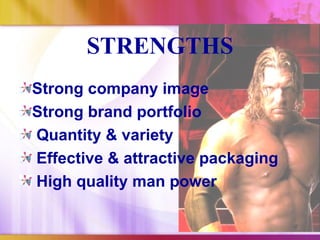 STRENGTHS
Strong company image
Strong brand portfolio
Quantity & variety
Effective & attractive packaging
High quality man power
 