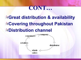 CONT…
Great distribution & availability
Covering throughout Pakistan
Distribution channel
 