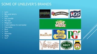 SOME OF UNILEVER’S BRANDS
• Lynx
• Ben and Jerry’s
• VO5
• Pot noodle
• PG Tips
• Magnum
• I cant believe it’s not butter
• Viennetta
• Brut
• Sure
• Marmite
• Walls
• Surf
 