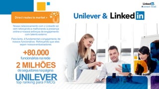 funcionáriosnarede
2 MILHÕESdeseguidoresnapágina
UNILEVERtop ranking para FMCG
Nosso relacionamento com o LinkedIn só
vem reforçando e melhorando a presença
online e nossos esforços de engajamento
com talentoexterno
Para tanto, é fundamental o engajamento de
nossos funcionários. Reforçando que eles
sejam nossosembaixadores.
+80.000
 