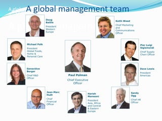A global management team
Sandy
Ogg
Chief HR
Officer
Geneviève
Berger
Chief R&D
Officer
Michael Polk
President
Global Foods,
Home &
Personal Care
Harish
Manwani
President
Asia, Africa
and Central
& Eastern
Europe
Doug
Baillie
President
Western
Europe
Dave Lewis
President
AmericasPaul Polman
Chief Executive
Officer
Pier Luigi
Sigismondi
Chief Supply
Chain Officer
Jean-Marc
Huët
Chief
Financial
Officer
Keith Weed
Chief Marketing
and
Communications
Officer
A global management team
A global management teamA global management team
 