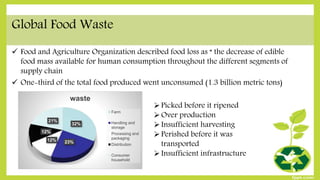 Global Food Waste
 Food and Agriculture Organization described food loss as “ the decrease of edible
food mass available for human consumption throughout the different segments of
supply chain
 One-third of the total food produced went unconsumed (1.3 billion metric tons)
32%
23%12%
12%
21%
waste
Farm
Handling and
storage
Processing and
packaging
Distribution
Consumer
household
Picked before it ripened
Over production
Insufficient harvesting
Perished before it was
transported
Insufficient infrastructure
 